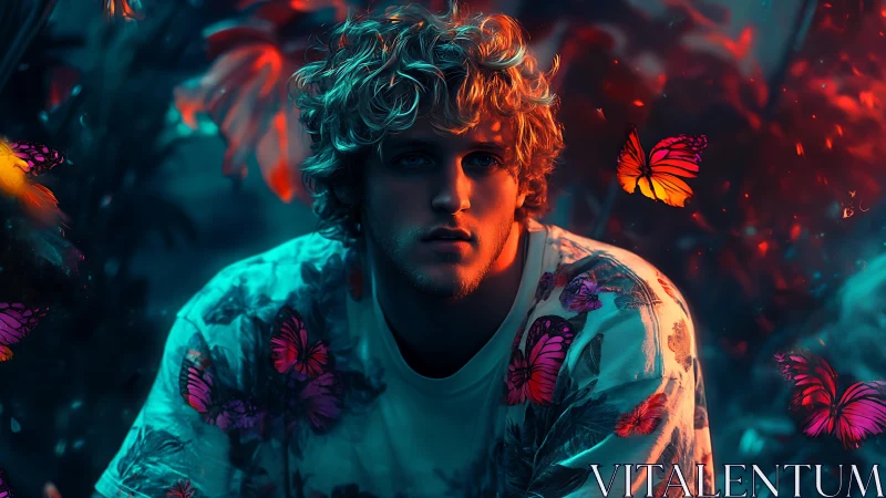 Dreamy night garden portrait with glowing butterflies.