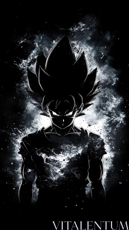 Silhouetted anime warrior in monochrome energy burst.