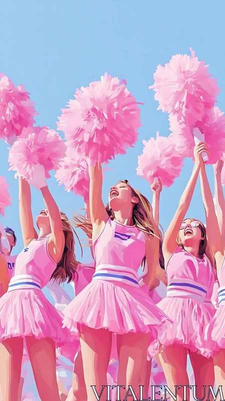 Dynamic cheer squad with pink pompoms under clear sky.