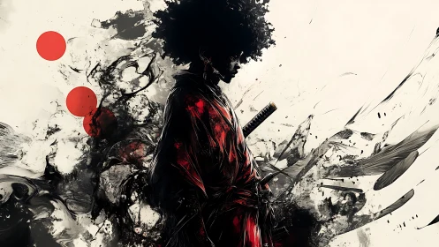 Afro samurai silhouette amid abstract ink stormed void.