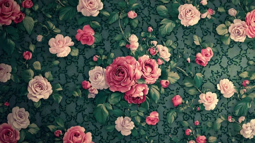 Velvet blossoms quietly overgrow the patterned emerald wall