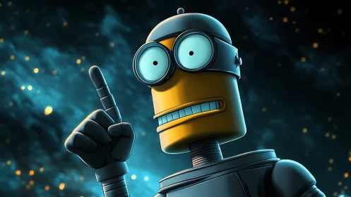 Cartoon robot raises one finger against glowing space background