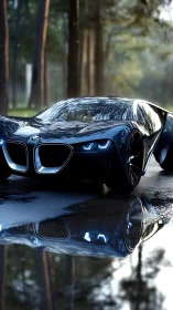 Futuristic BMW concept car parked on wet forest road