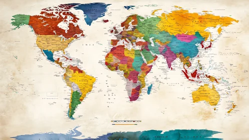 Color-coded political world map glows on antique parchment