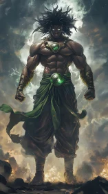 Mythic muscular warrior with emerald core energy in storm