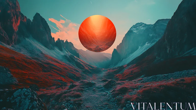 Glowing orb hovers over surreal neon mountain valley.