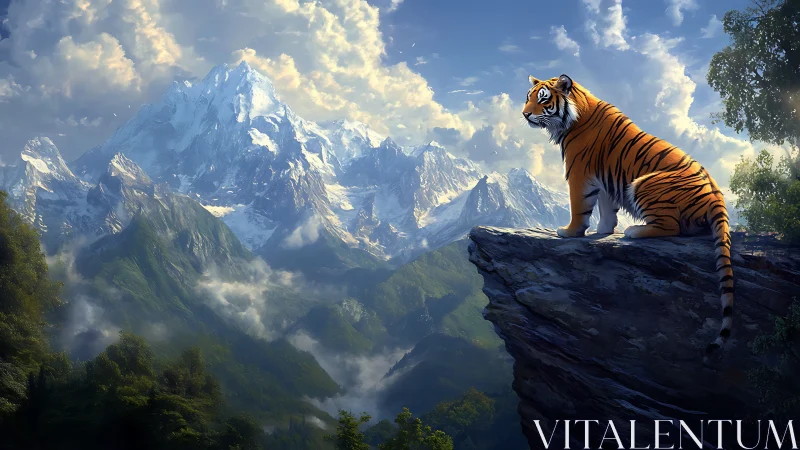 Tiger sentinel above misty alpine mountain kingdom.