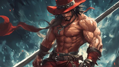 Muscular anime swordsman in red hat stands amid swirling energy