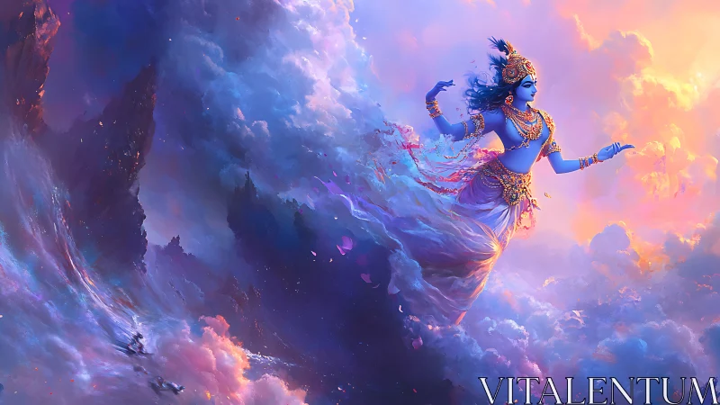 Celestial blue deity gliding through auroral storm clouds.