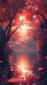 Sunlit red foliage over still reflective forest water.