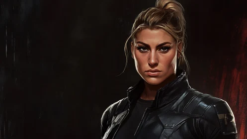 Hardened female soldier portrait in tactical armor uniform.