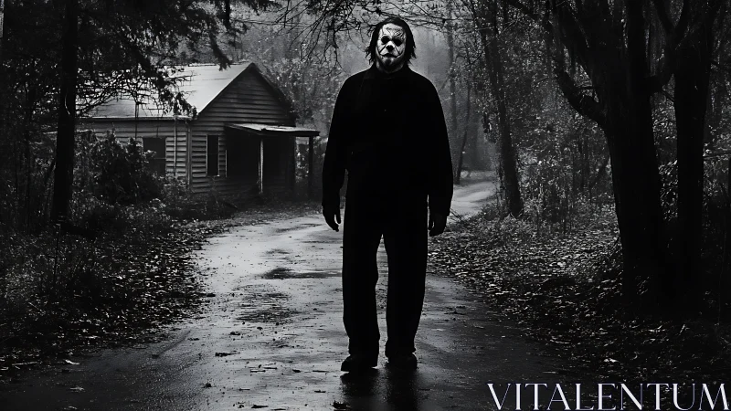 Masked stranger pauses on a lonely forest road at dusk.