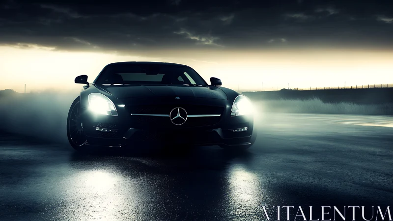 High-contrast sports coupe accelerates on wet dusk racetrack
