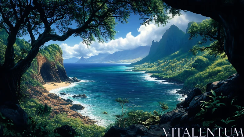Tropical Coastal Cave Vista with Turquoise Lagoon and Volcanic Peaks