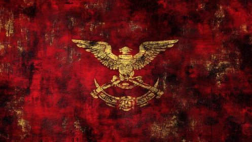 Golden eagle military emblem on distressed red field.