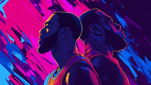 Dual portrait of basketball players in neon colors.