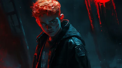 Red haired boy in dark jacket glares in neon lit alley