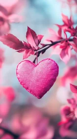 Pink fabric heart suspended on flowering branch structure