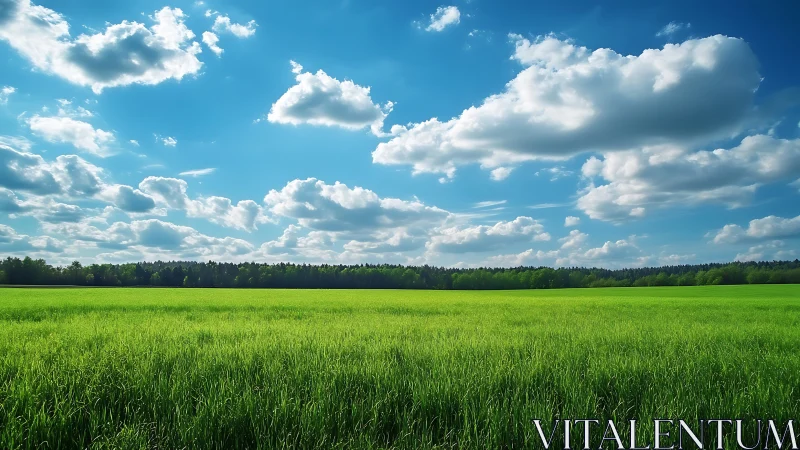 Vast green meadow under dynamic cloud-swept blue sky.
