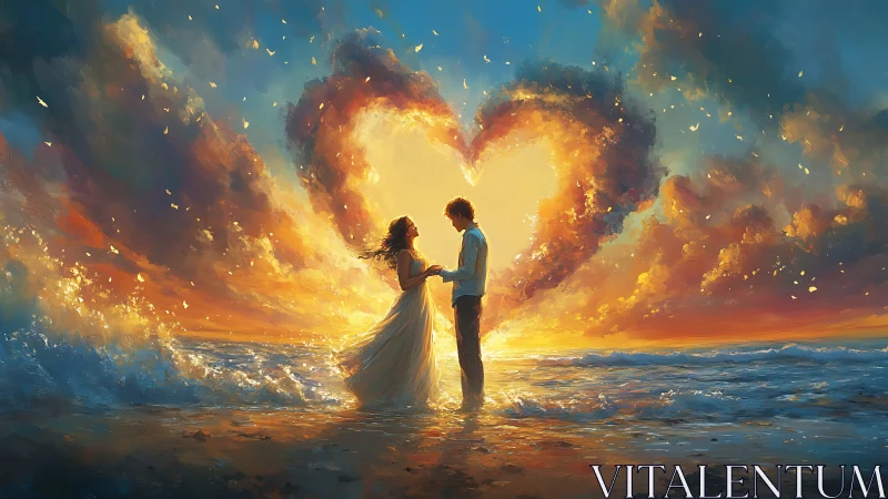 Couple silhouetted against heart-shaped golden fire explosion on beach