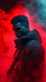 Moody portrait in neon red and cyan smoke haze.