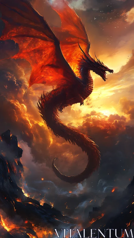 Fiery red dragon soaring over burning volcanic cliffs.