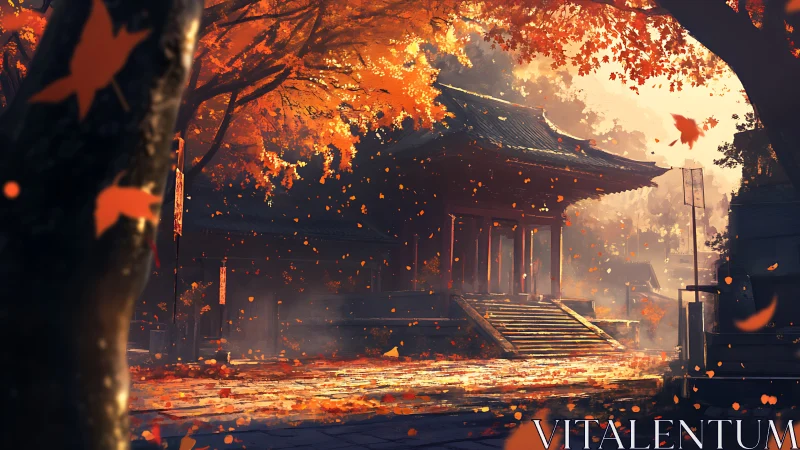 Autumn embers whirl around a quiet temple of fading light