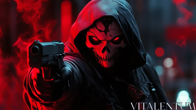 Crimson skull gunman strides through embers of a neon night.