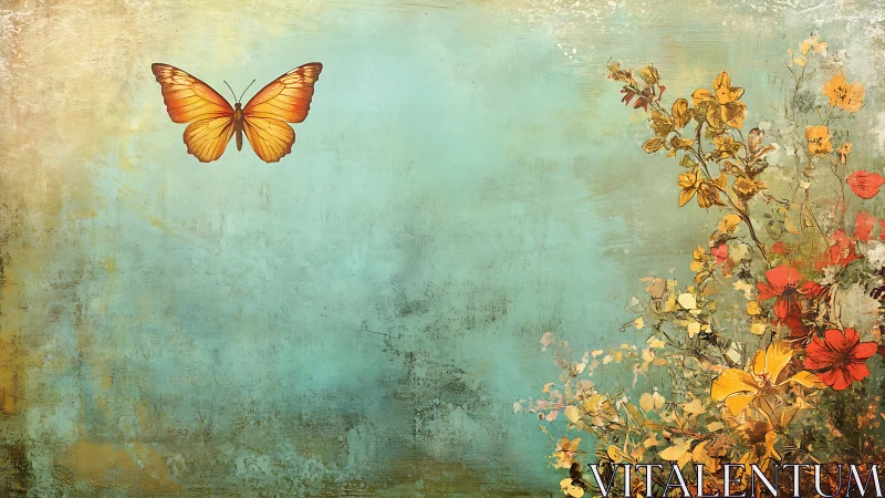 Yellow butterfly above mixed flowers on textured teal field.