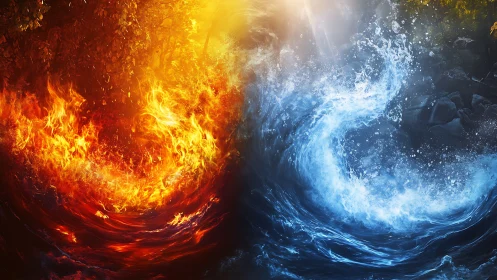 Bilateral elemental opposition rendered as fire and ice formations.