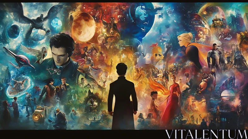 Silhouetted viewer surveys sprawling multiverse fantasy mural