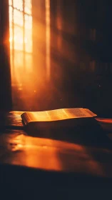Open book on wooden table in strong orange window light.