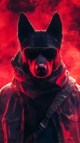 Cyber-operator canine portrait in neon red atmospheric haze.
