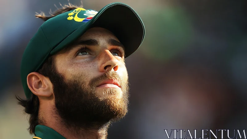 Cricket player close-up in golden sidelight, contemplative gaze.