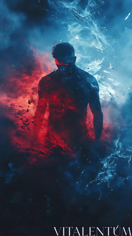 Bipolar elemental silhouette in red plasma and blue vapor field.