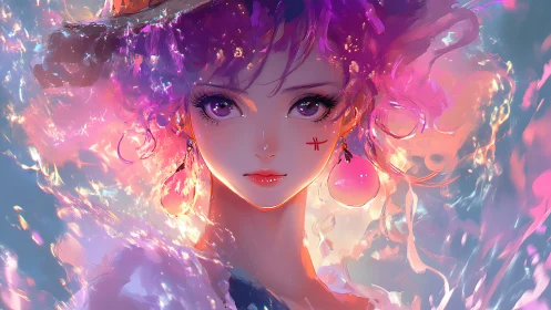 Aurora-eyed girl in neon tides of swirling starlight.