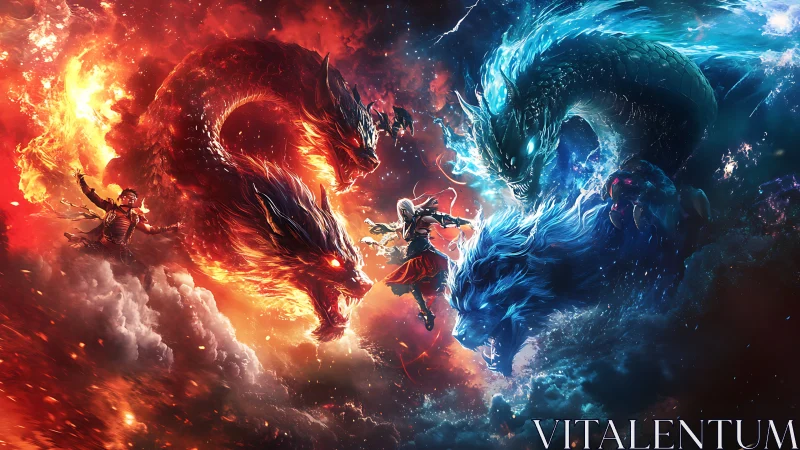 Fire and ice dragons with warriors engaged in aerial clash.