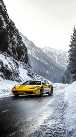 Yellow supercar cuts through snow-covered alpine mountain road.