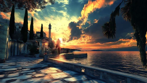 Sunset promenade by calm sea with village and lighthouse.