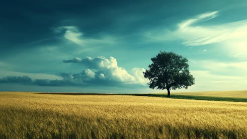Solitary oak dominating golden wheat field under teal sky.