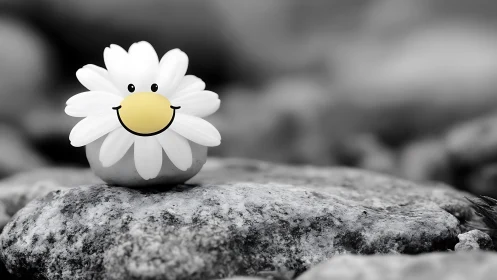 Smiling cartoon daisy on smooth stone in grayscale scene.