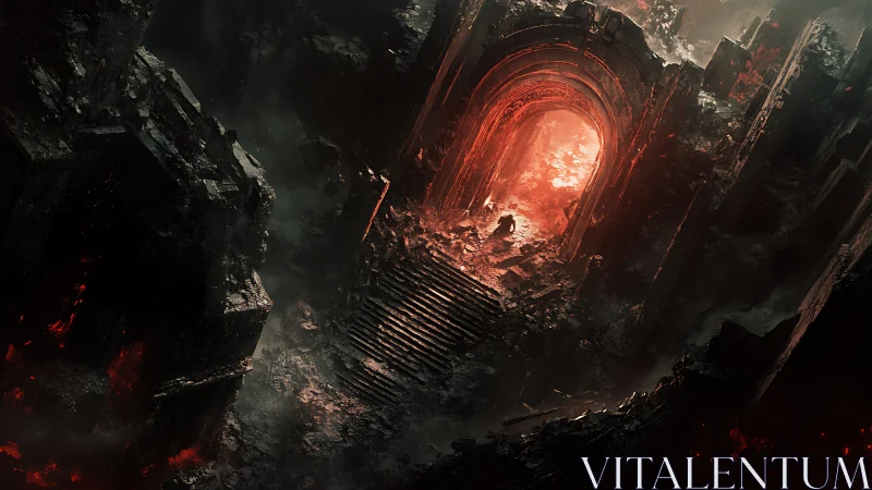 Infernal ruins corridor glows with volcanic red gateway.