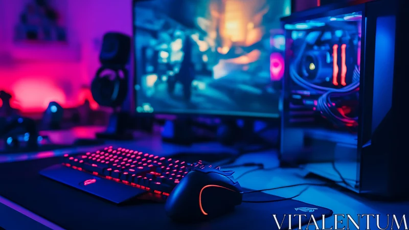 Neon-lit gaming battlestation glowing in electric night hues.