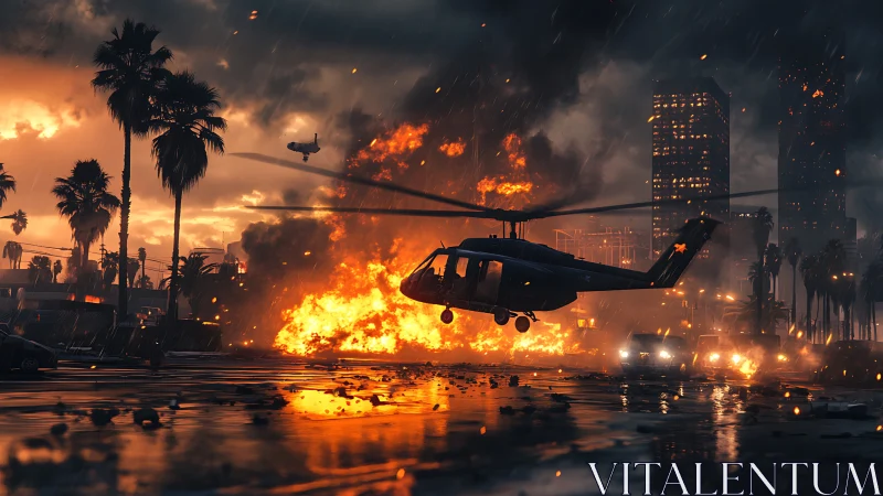 Combat helicopter skims burning city street under storm sky.