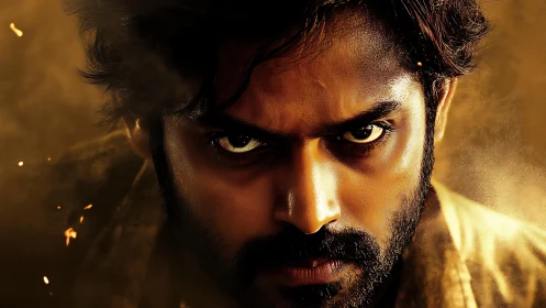 Furnace lit eyes carve through smoke in a molten close‑up stare