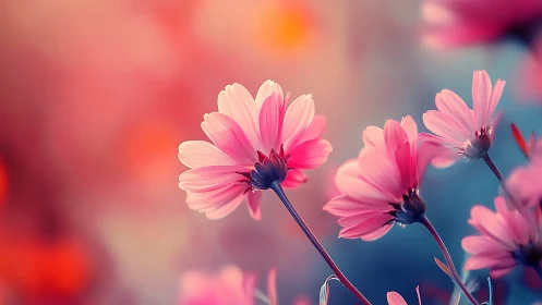 Pink cosmos flowers bloom in radiant dreamlike light.