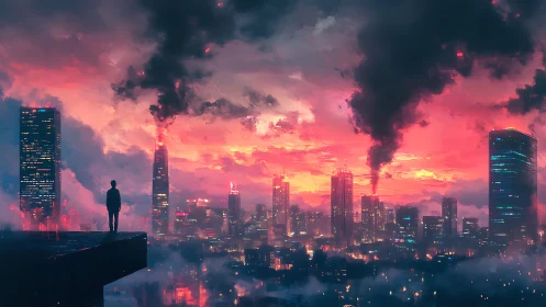 Lone rooftop watcher drinks in a burning neon horizon