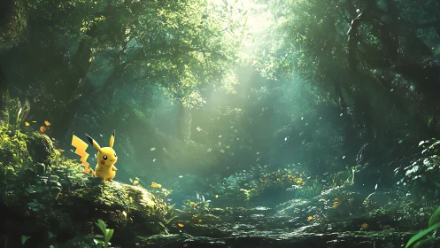 Pikachu quietly explores a sunlit, misty forest sanctuary.