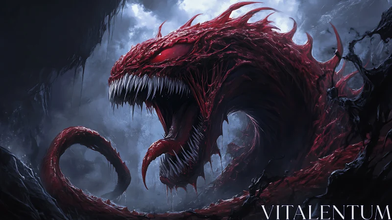 Monstrous red serpent roars within stormy cavern abyss.