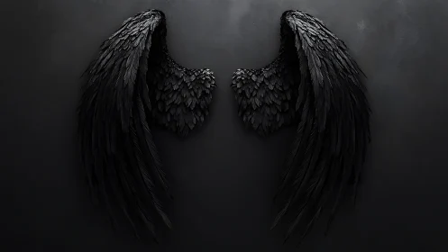 Dark feathered angel wings on shadowed black wall.